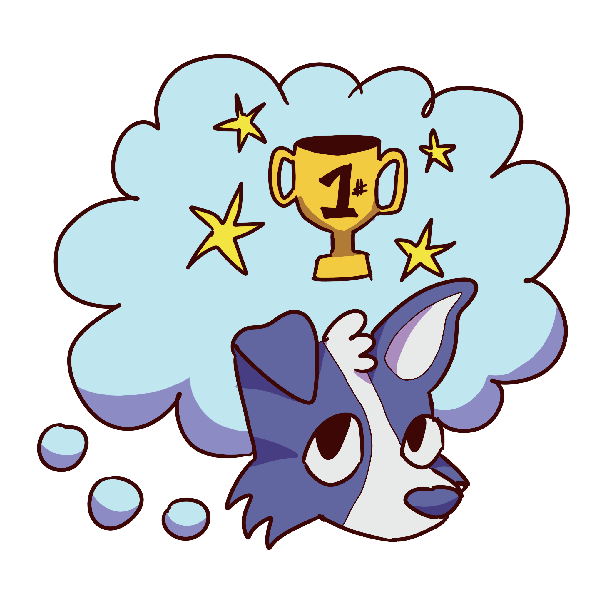 a blue dog looking at a thought bubble with a number one trophy and stars in it